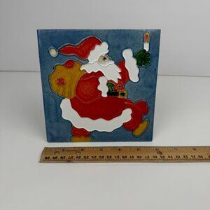 Ceramic Santa Patchwork Rustic Christmas Holiday Tile Decor w‎ Attached Stand